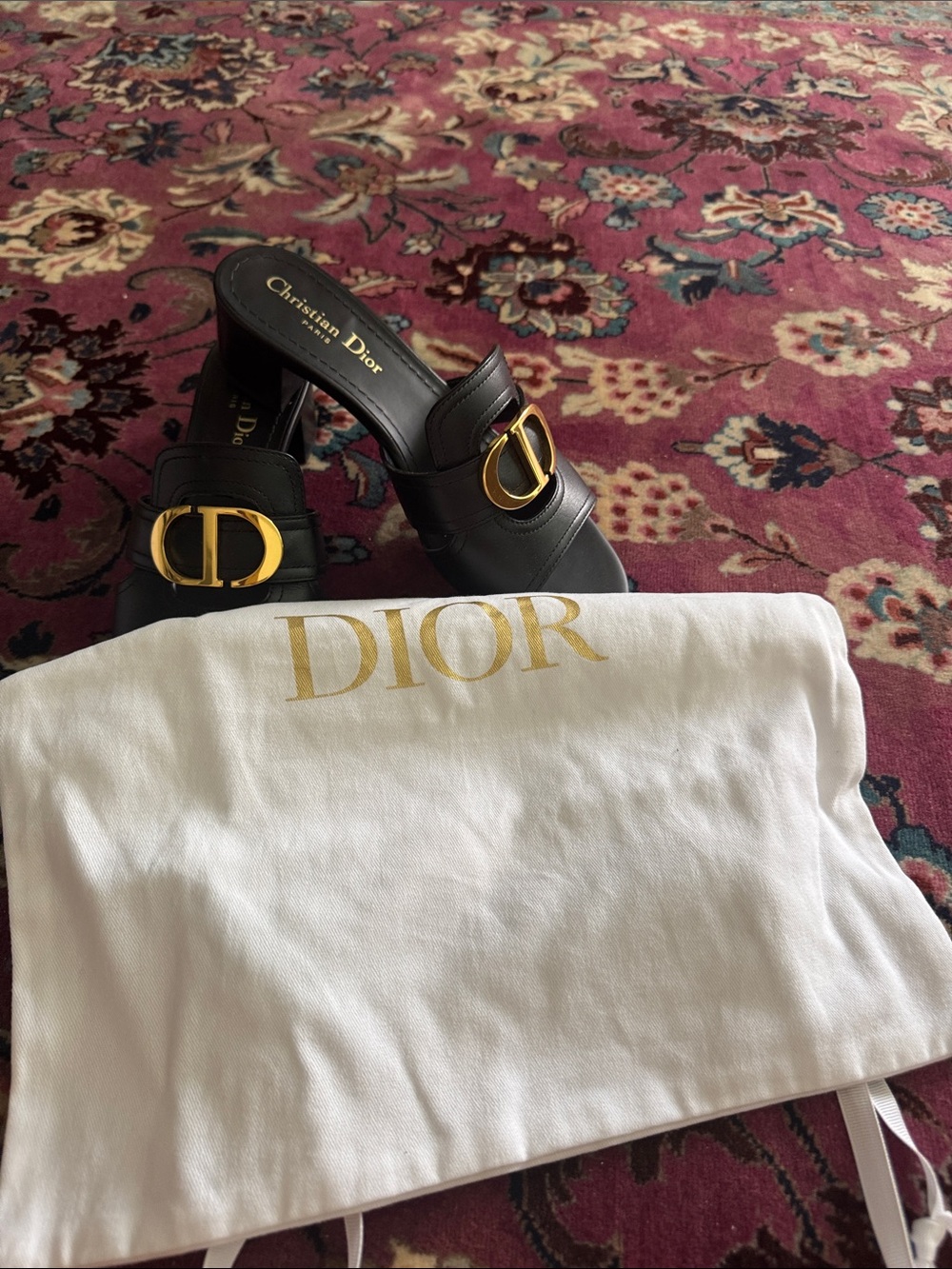 Dior Black Leather Mules with Gold CD Emblem - Picture 2 of 12